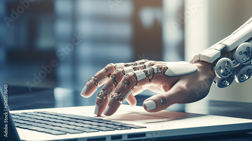 Roboterhand bedient die Tastatur eines Laptops.