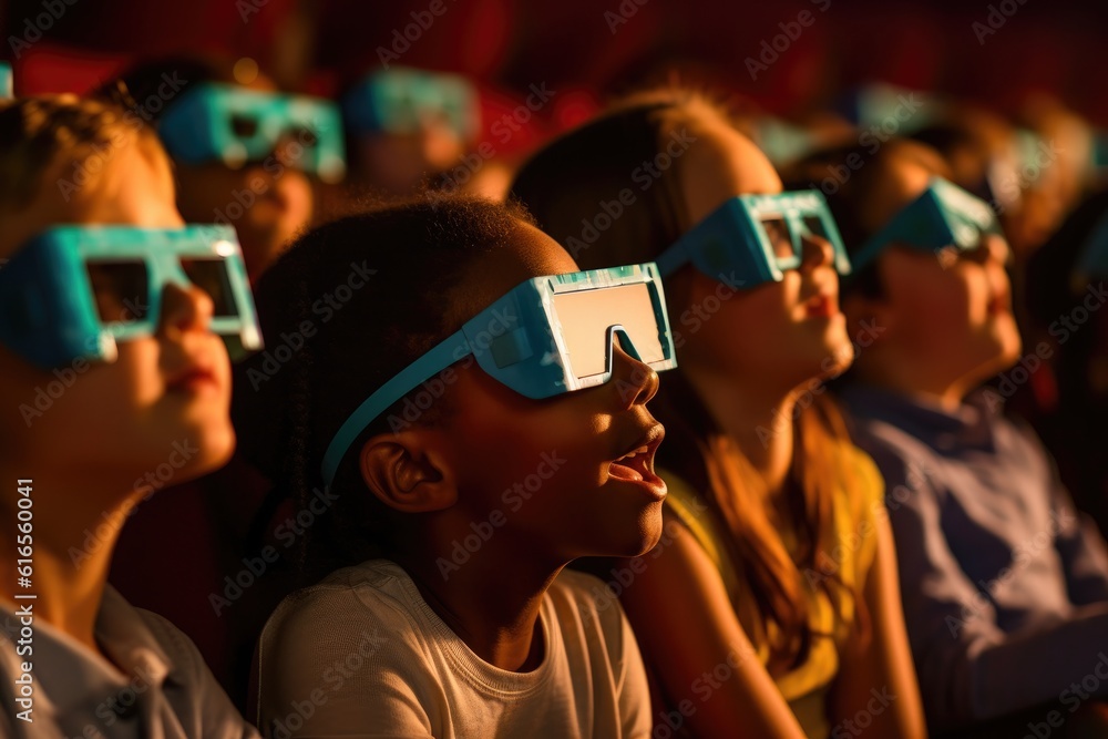 A contemporary scene of children in 3D glasses watching an adventure movie.  Generative AI Stock Illustration | Adobe Stock