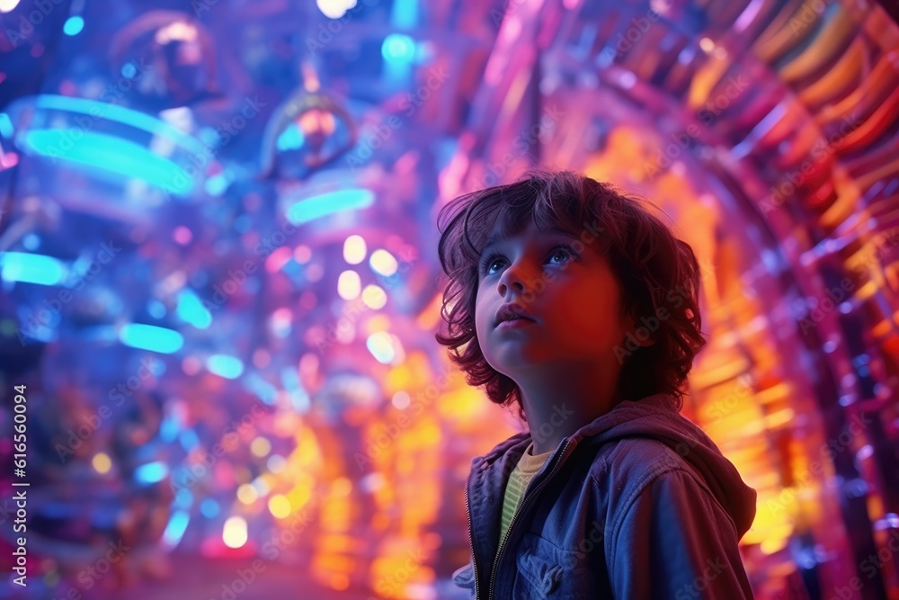 A young child, mouth agape in awe, during a CGI - laden epic fantasy movie. Generative AI A young child, mouth agape in awe, during a CGI - laden epic fantasy movie. Generative AI