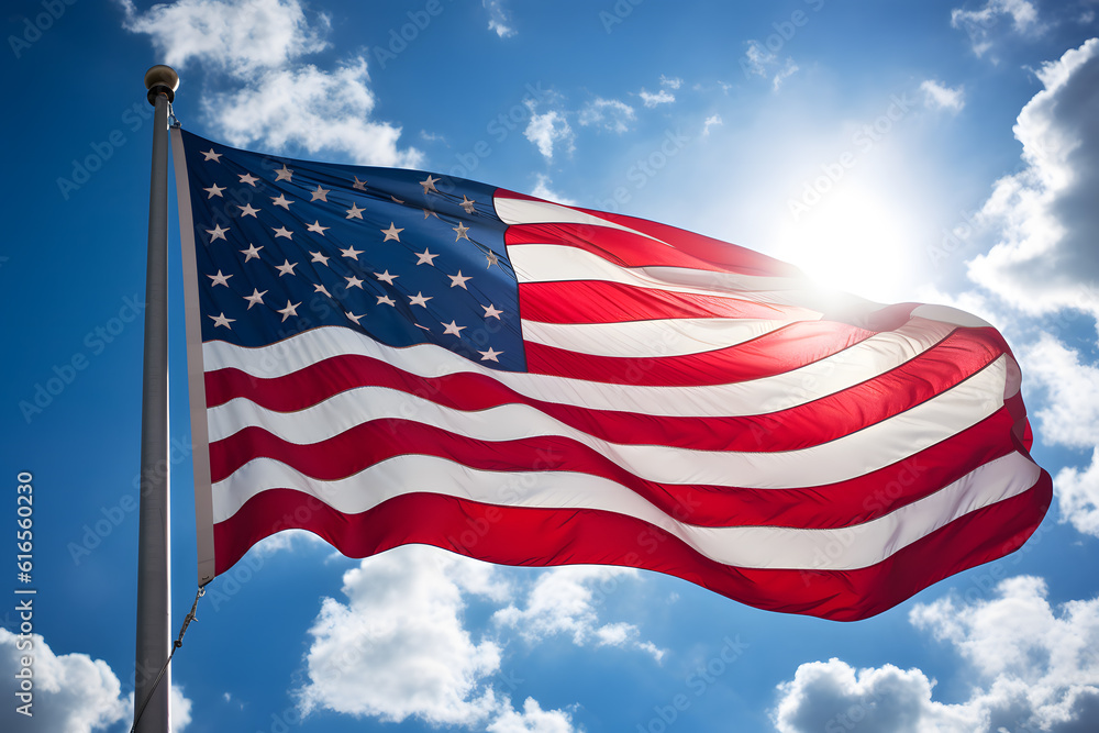 American Flag Soaring in the Blue Sky - Generative AI American Flag Soaring in the Blue Sky - Generative AI