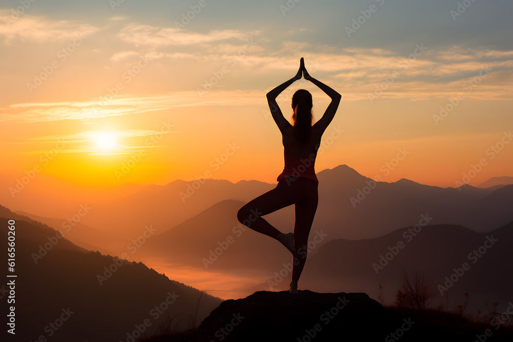 Serene Sunrise Yoga on a Mountain - Generative AI