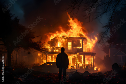 Intense Scene: Man Standing Before a Devastating Fire - Generative AI