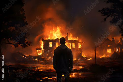 Intense Scene: Man Standing Before a Devastating Fire - Generative AI