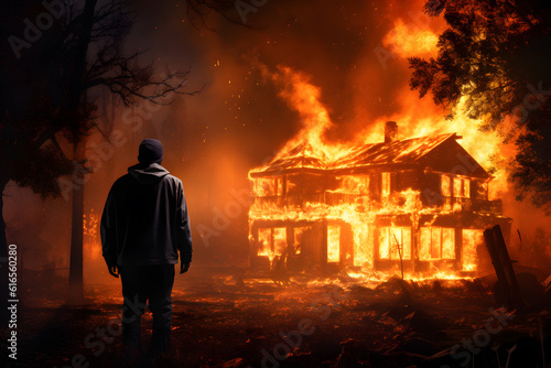 Intense Scene: Man Standing Before a Devastating Fire - Generative AI