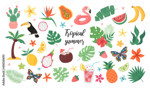 Set of tropical summer stickers. Icons for exotic vacation. Seasonal elements collection. Flamingos, flowers, pineapple, tropic leaves, citrus and exotic fruits, plumeria, watermelon, cocktails.