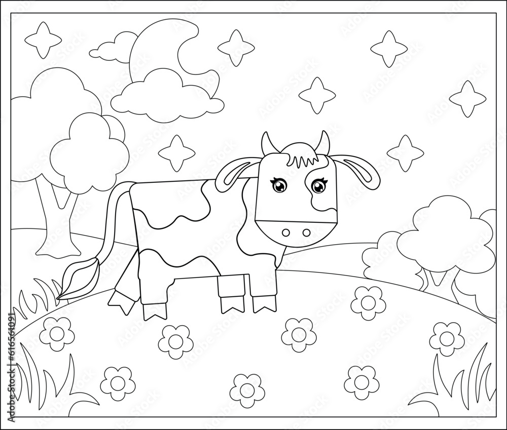 Cute Bull at night - a vector linear picture for coloring. A calf in a landscape with flowers, trees, clouds, moon and stars. Outline. Coloring page for children. Cute Bull at night - a vector linear picture for coloring. A calf in a landscape with flowers, trees, clouds, moon and stars. Outline. Coloring page for children.