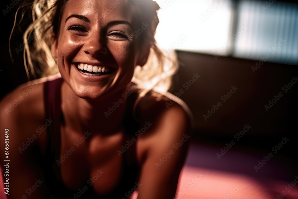 Close-up shot of cheerful woman exercising in gym. Generative AI Close-up shot of cheerful woman exercising in gym. Generative AI