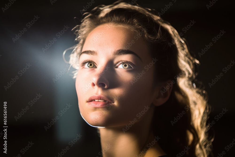 An expressive headshot of a woman in a sportive pose, surrounded by a contemporary, minimalist studio setting. Generative AI An expressive headshot of a woman in a sportive pose, surrounded by a contemporary, minimalist studio setting. Generative AI