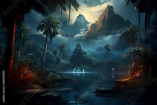 Mysterious jungle palm trees and mountains