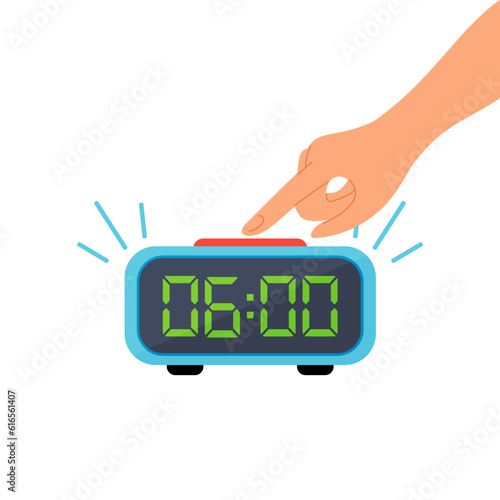 A ringing alarm clock and a hand that turns off the alarm clock. Electronic clock alarm clock with hand in cartoon style isolated on a white background.