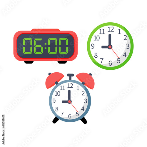 An old fashioned alarm clock, a mechanical clock, rings, a hand turns off the alarm clock. An alarm clock in the style of a cartoon with a hand isolated on a white background.