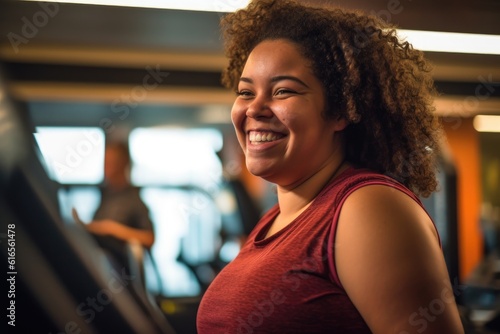 An energetic close - up shot capturing a playful, overweight woman mid - laugh during her fitness routine. Generative AI © Mustafa