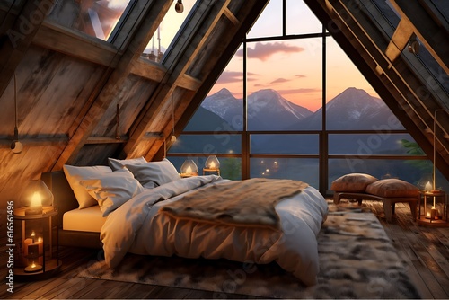 Interior of a attic bedroom with a beautiful view of the mountains ai generated © Gorilla Studio