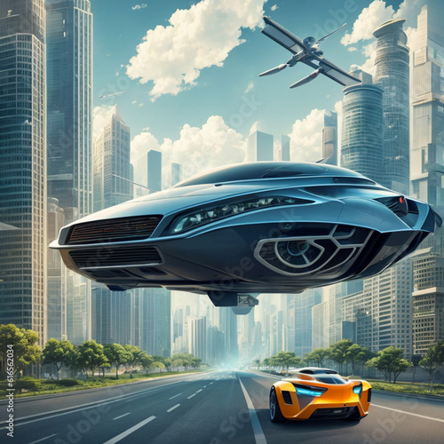 Carro voador transitando em meio à uma cidade futurista. photo
