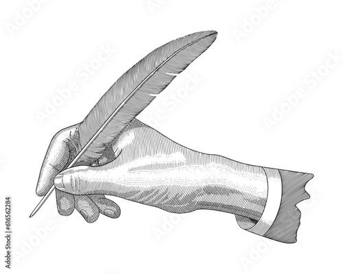 Hand writing with a feather, Vintage engraving style drawing illustration