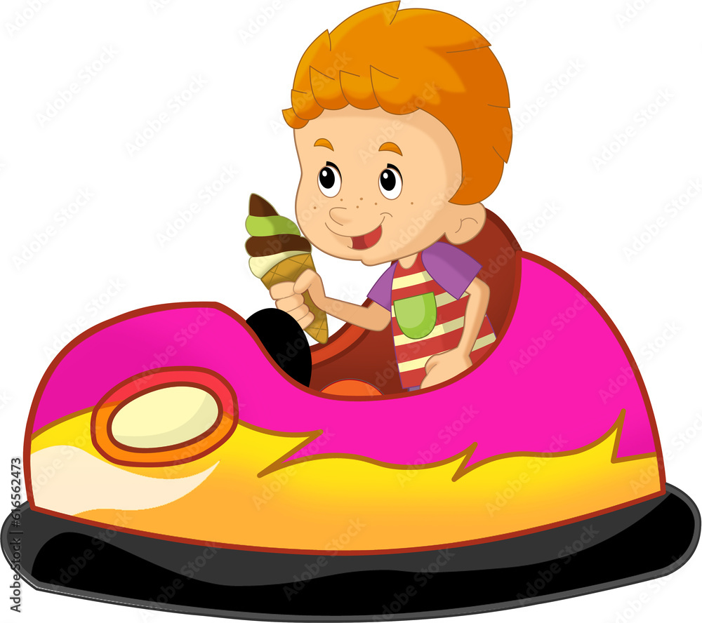 Fototapeta premium cartoon scene with kid boy driving funfair colorful bumper car isolated illustration for children
