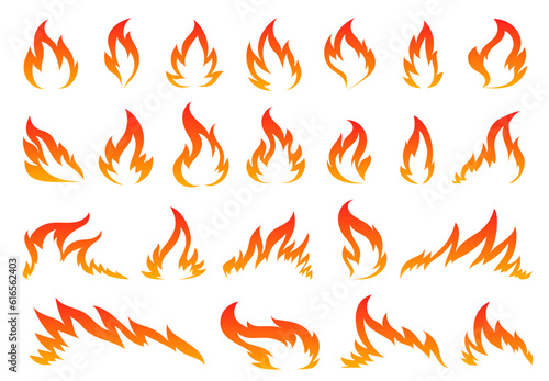 Hot temperature comic dangerous flame fires. Cartoon fire flames. Red campfire fiery icon set. Burning blazing wildfire, bonfires isolated on white background. Silhouette sign for stencil, stamp
