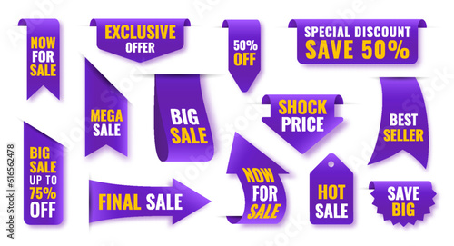 Mega sale violet banner. Special offer arrow shape product label. Shock price purple discount tag. Save big ad ribbon badge. Market promotional design elements. Web site buy buttons 50 percent off