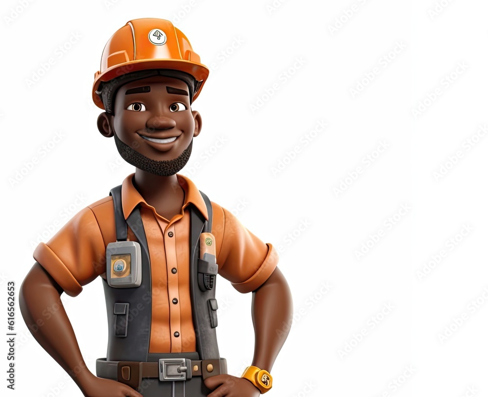 Fototapeta premium Black Male Construction Worker Isolated White Backdrop Handsome With Copy Space Generative AI