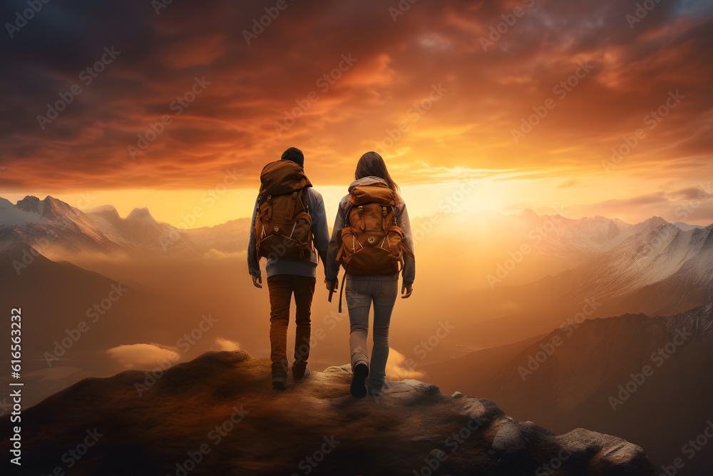 Adventure Travel: Couple Hiking to Mountain Summit at Sunset - Generative AI