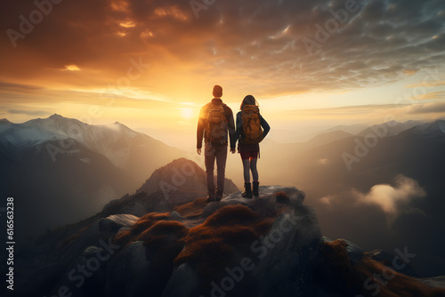 Adventure Travel: Couple Hiking to Mountain Summit at Sunset - Generative AI © Martin Lang
