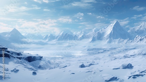 a snowy landscape with mountains and clouds