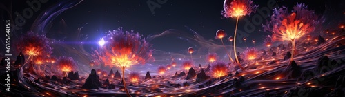 a digital art of a landscape with glowing flowers