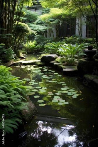 a pond with lily pads and plants