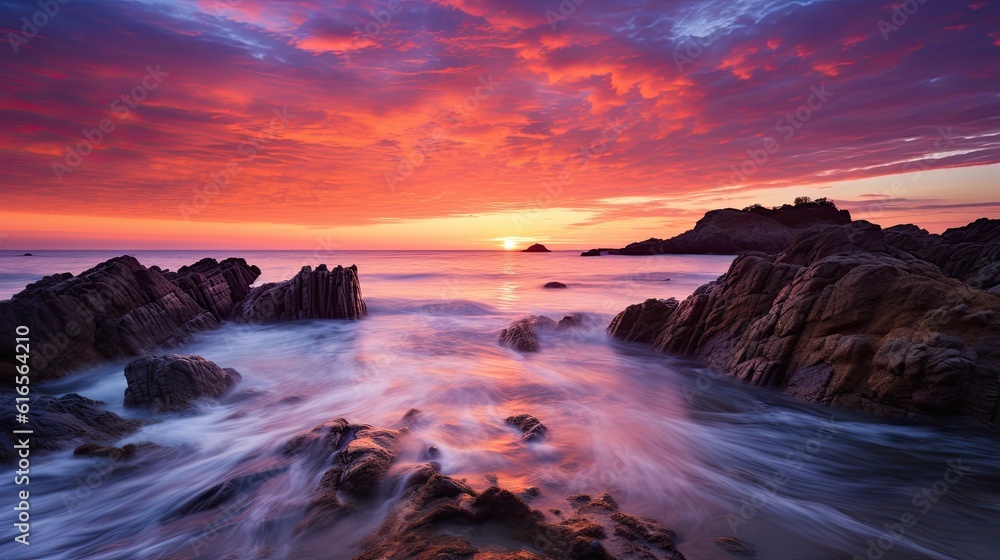 a sunset over a rocky beach