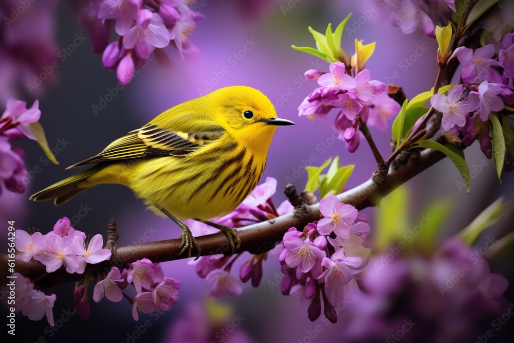 Yellow Bird Placed on a Wooden Stick, Professional Shot, Pink Flowers around Him, Nature Shot. Generative AI Yellow Bird Placed on a Wooden Stick, Professional Shot, Pink Flowers around Him, Nature Shot. Generative AI