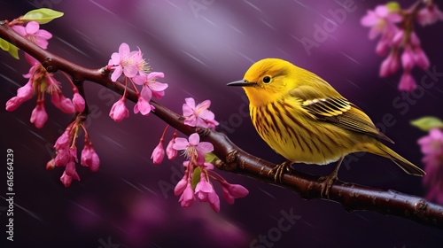 Yellow Bird Placed on a Wooden Stick, Professional Shot, Pink Flowers around Him, Nature Shot. Generative AI photo