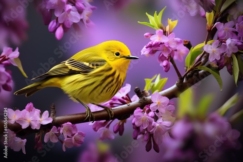 Yellow Bird Placed on a Wooden Stick, Professional Shot, Pink Flowers around Him, Nature Shot. Generative AI
