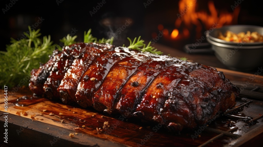 a large piece of meat with sauce on a wooden surface a large piece of meat with sauce on a wooden surface