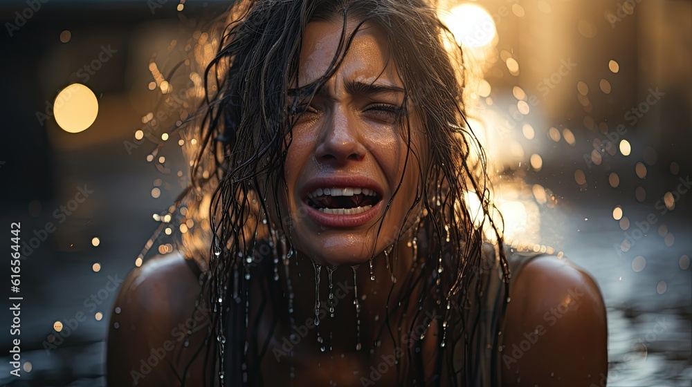 a woman with wet hair and tears