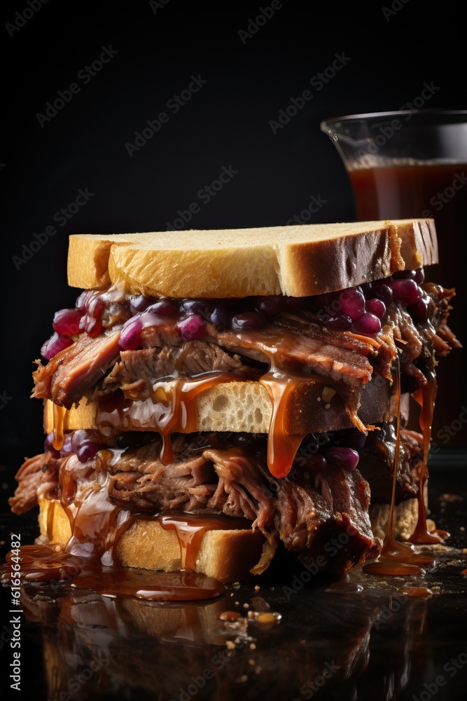 Huge Burger with a lot of Pork's Meat Inside, Isolated, Dark Background, Studio Lighting. Generative AI. Huge Burger with a lot of Pork's Meat Inside, Isolated, Dark Background, Studio Lighting. Generative AI.