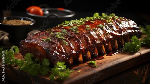 a rack of ribs with sauce on it