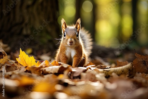 a squirrel standing in the leaves