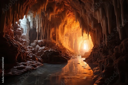 a cave with water and stalactites