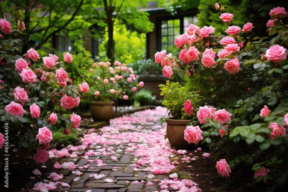 a pink flowers on a brick path