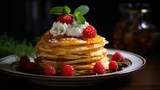 a stack of pancakes with whipped cream and raspberries