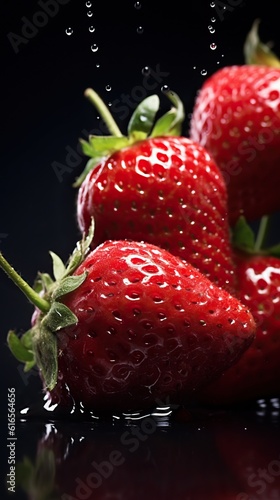 Commercial Shot of some Strawberries, Black Background. Generative AI.