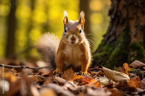 a squirrel standing on leaves