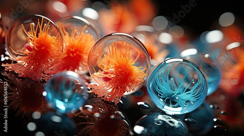 a group of bubbles with orange and blue objects