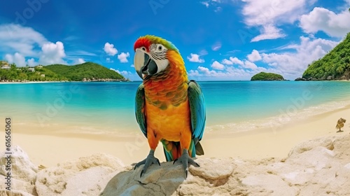 Go Pro Shot of a Colorful Parrot standing in front of the Ocean of Rio. Generative AI.