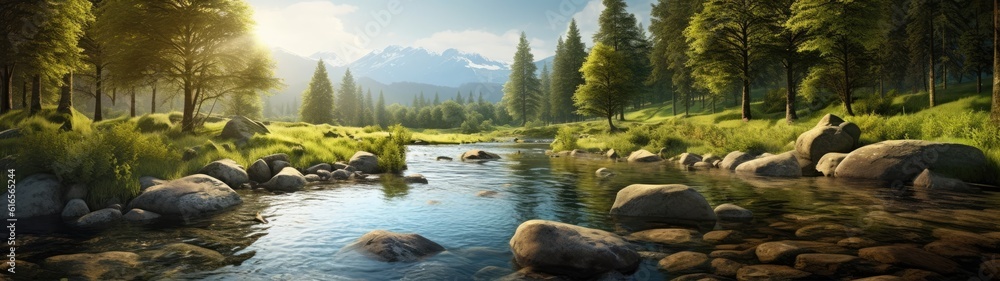 a river with rocks and trees in the background