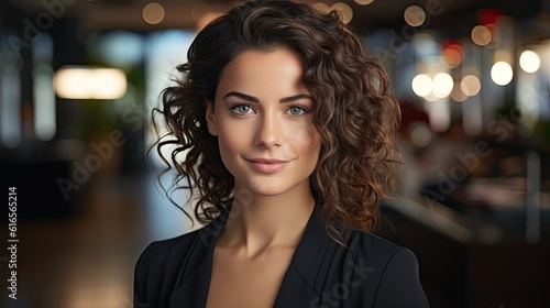 a woman with curly brown hair