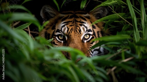a tiger peeking through leaves