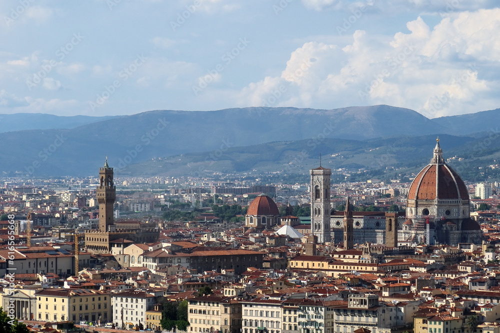 Skyline of the historic center of Florence  with the duomo and Bunelleschi's Cupola, Giotto's campanile and Palazzo Vecchio, Tuscany, Italy