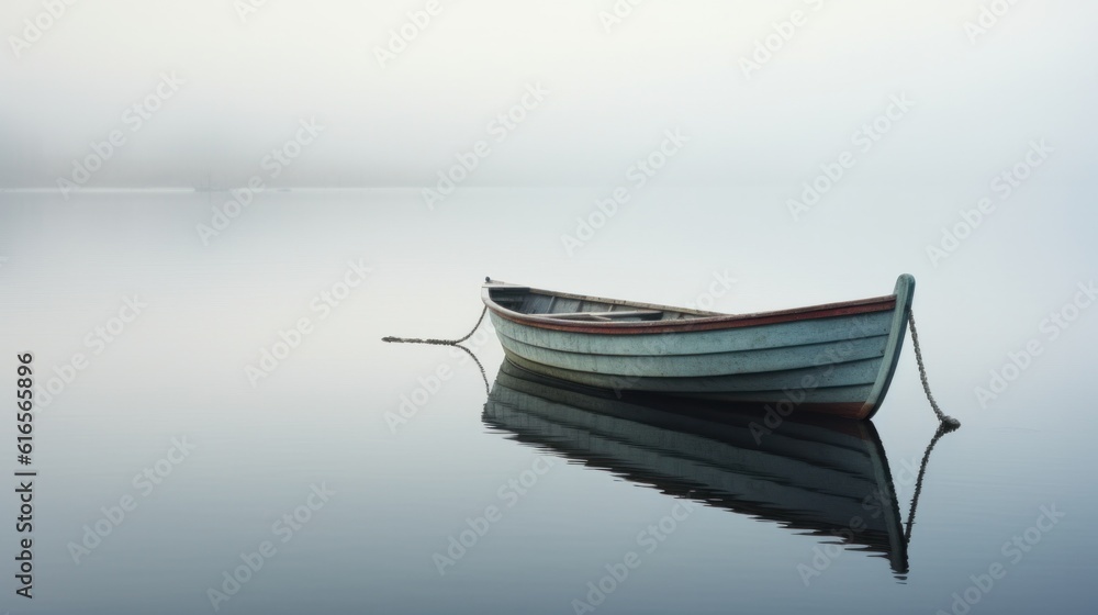 a lake on a morning with heavy fog an old wooden dinghy in the water.