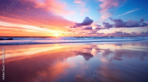 Sea sand sky concept, sunset colors clouds. Inspirational nature landscape, beautiful colors, wonderful scenery of tropical beach. Beach sunset, summer vacation.